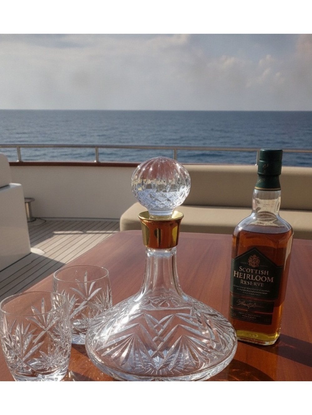 Waterford Crystal Ships Whiskey Decanter Gold Band Collar 9" Tall